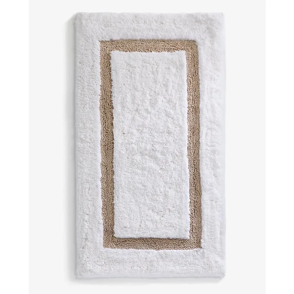 Hotel Collection Contrast Frame Bath Rug White Taupe Plush Luxury Bathroom Mat